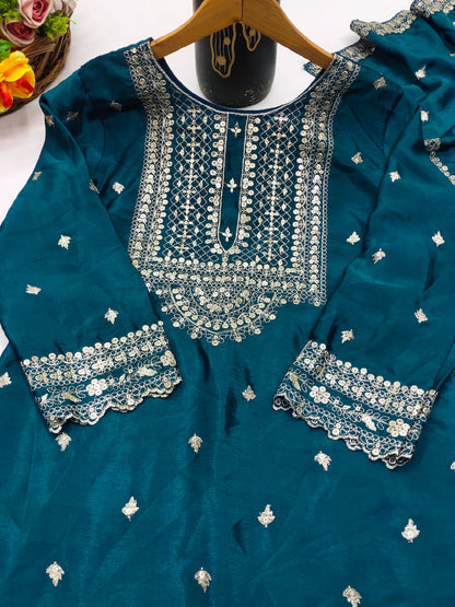 Designer Chinon Sharara Suit with Cording‑Sequin Embroidery | Party‑Wear Ensemble Drape Dress