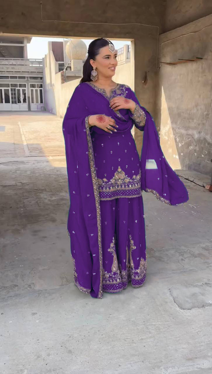 Designer Chinon Sharara Suit with Stunning Sequin Embroidered Work