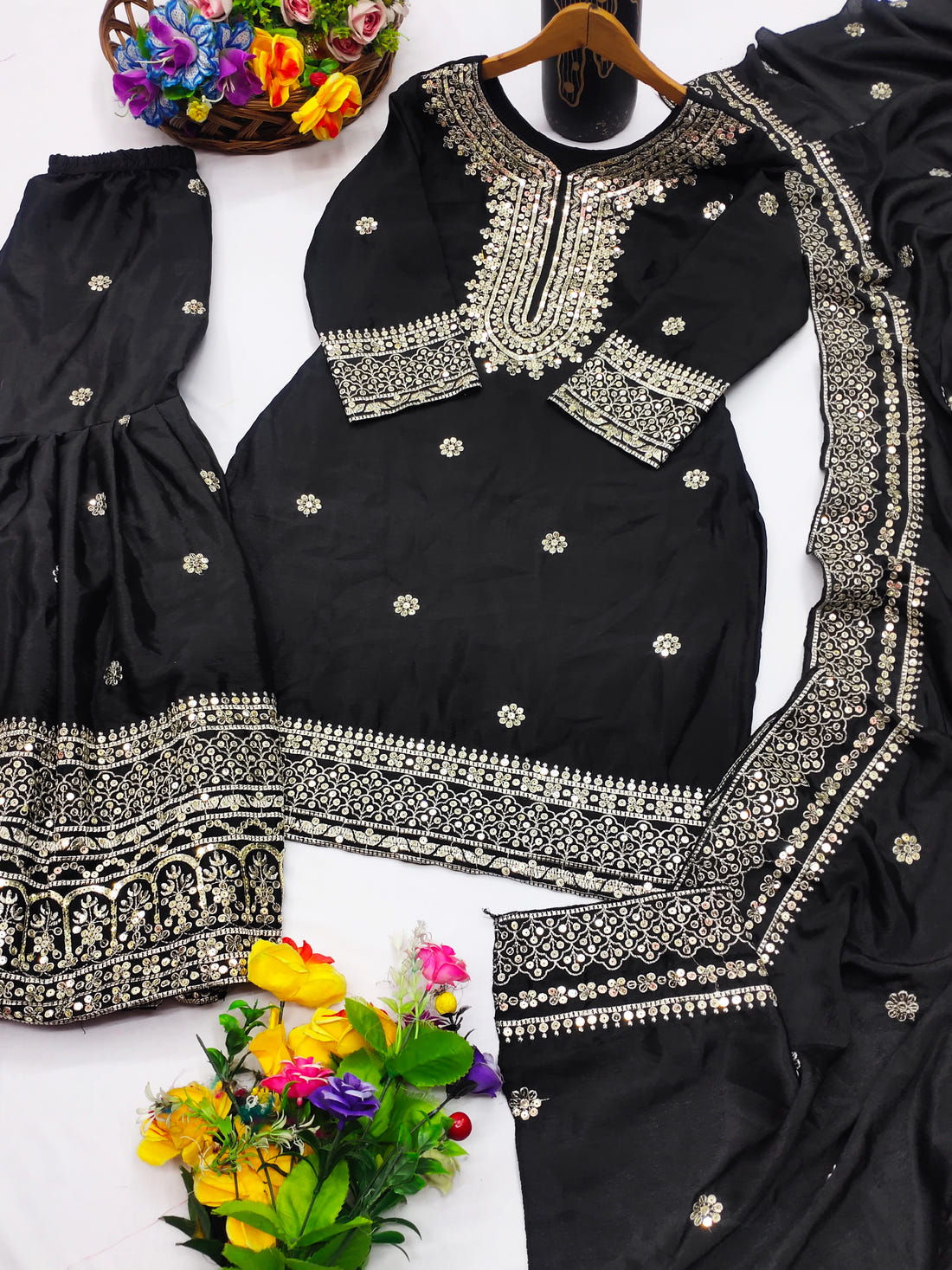 Designer Chinon Sharara Suit with Sequin Embroidery for Weddings Drape Dress