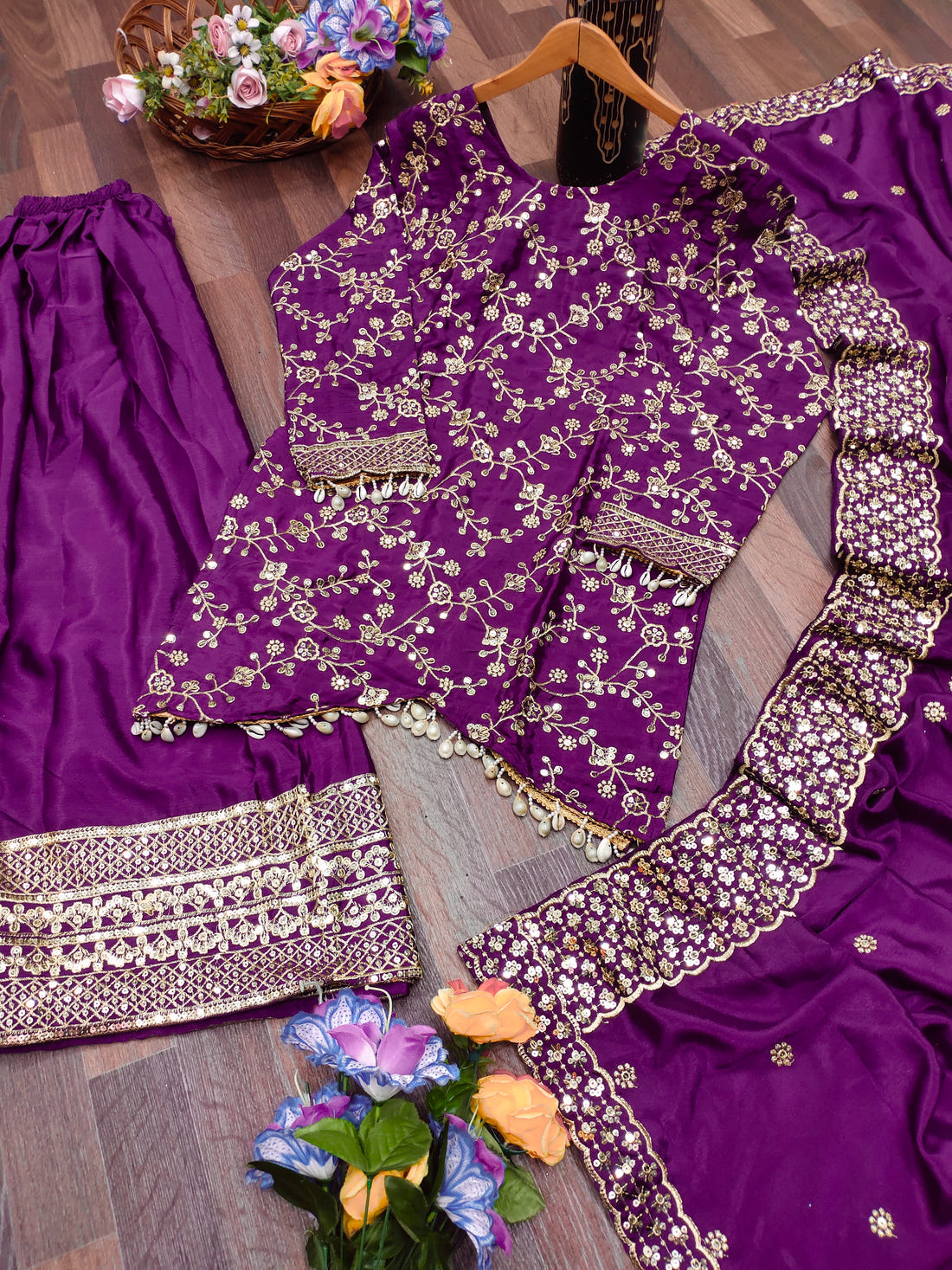 Chinon Sequin Embroidered Sharara Suit – Designer Festive Wear Drape Dress