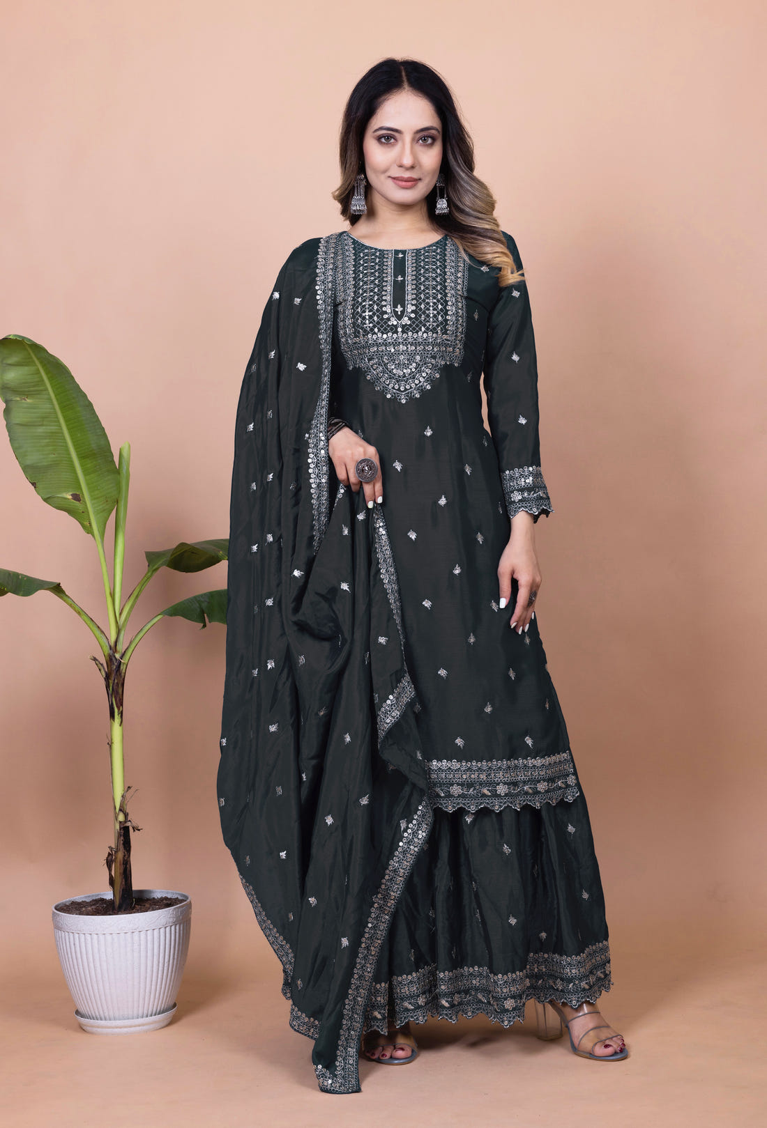 Designer Chinon Sharara Suit with Cording‑Sequin Embroidery | Party‑Wear Ensemble Drape Dress