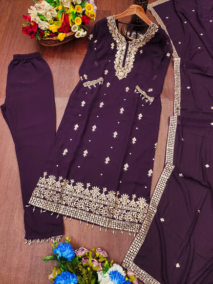 Purple Georgette Kurta Set with Golden Zari Work & Matching Dupatta