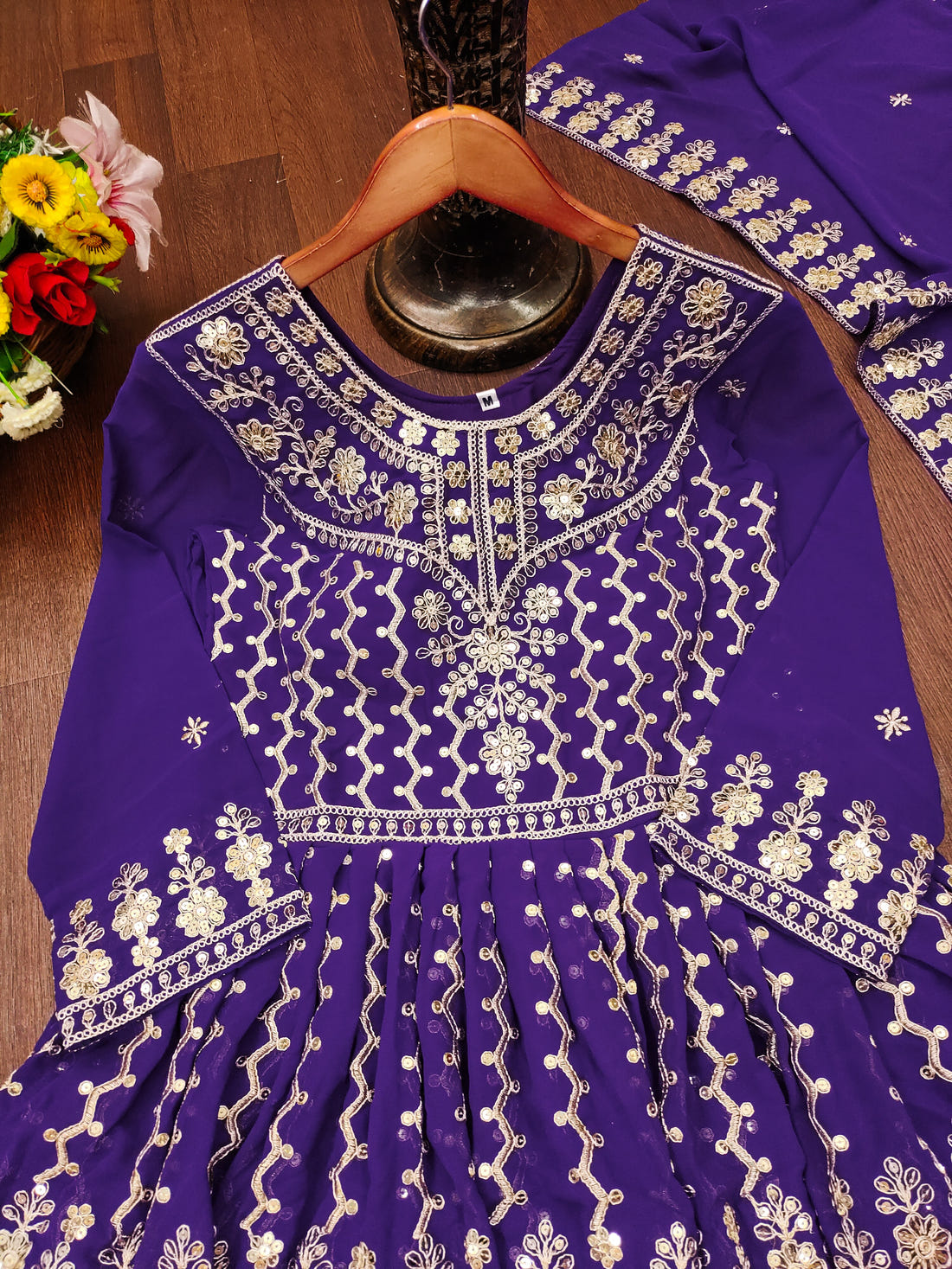 Purple Peplum Style Sharara Suit with Heavy Golden Embroidery and Sequin Detailing