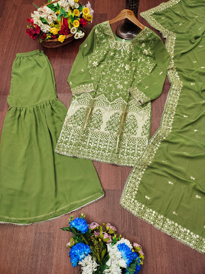 Olive Green Georgette Sharara Suit with Heavy Golden Thread and Sequin Embroidery