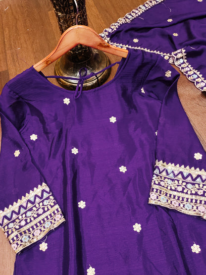 Purple Silk Sharara Set with Mirror Work and Intricate Zari Border Detailing