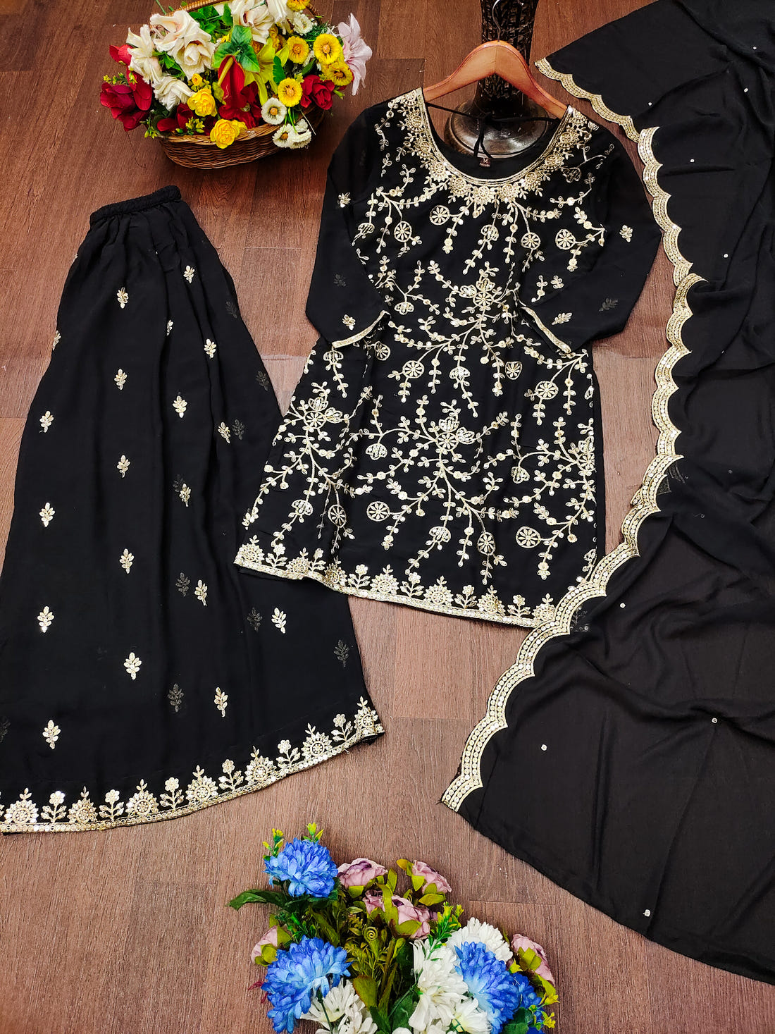 Black Georgette Sharara Suit with Heavy Golden Thread and Sequin Embroidery