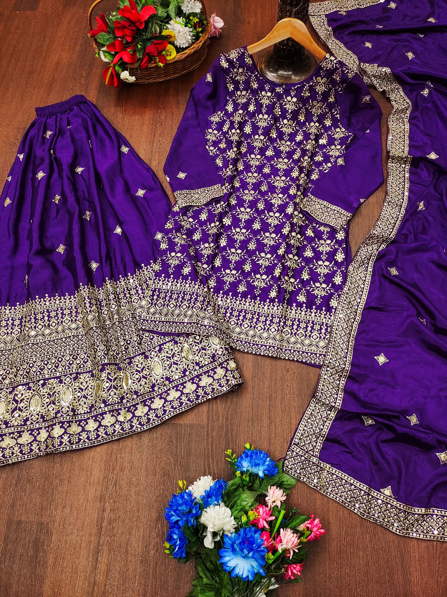 Purple Silk Sharara Suit with Heavy Golden Zari & Sequin Embroidery