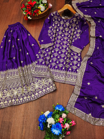 Purple Silk Sharara Suit with Heavy Golden Zari & Sequin Embroidery