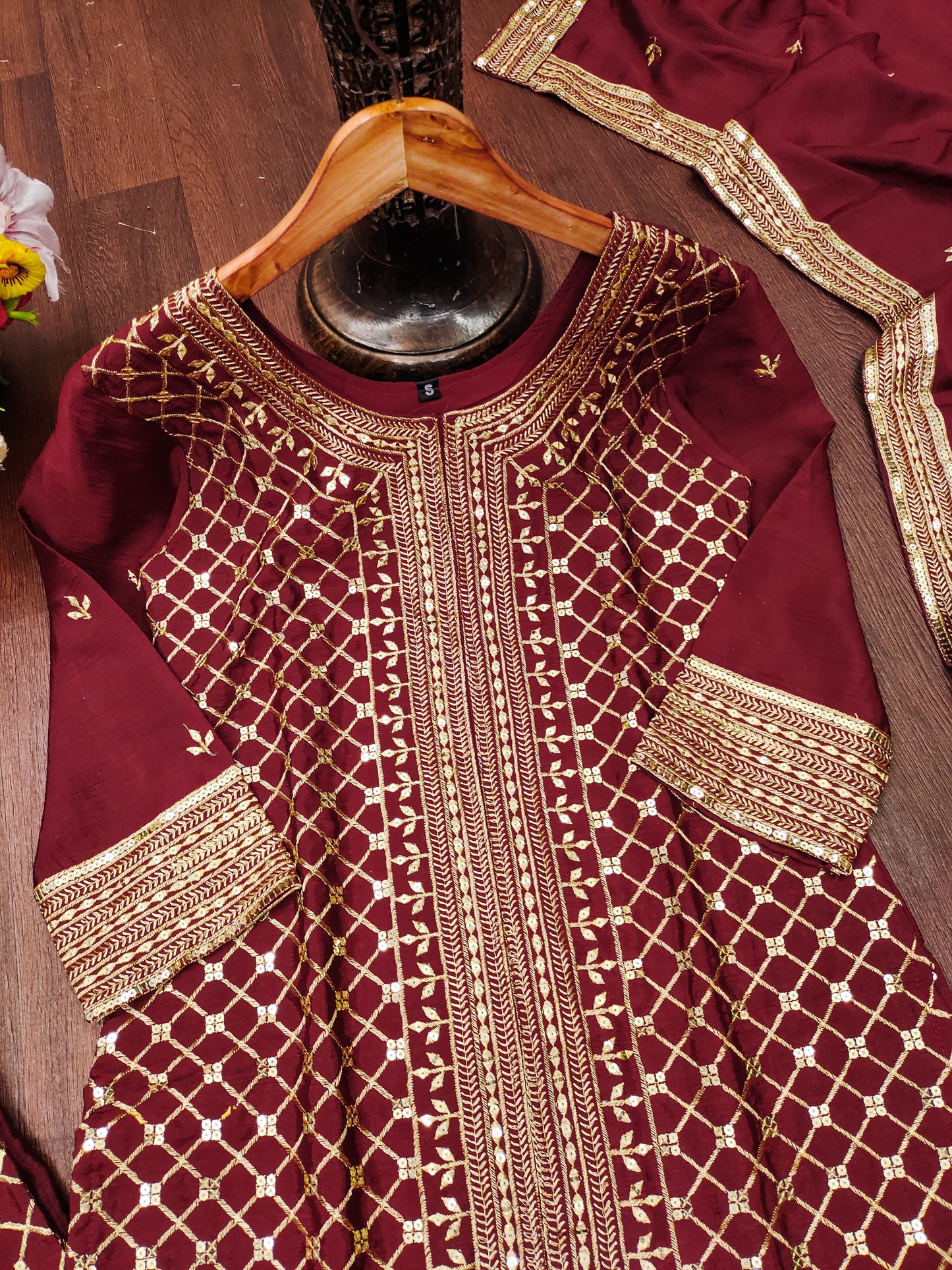 Maroon Silk Sharara Suit with Heavy Mirror Work and Intricate Geometric Embroidery
