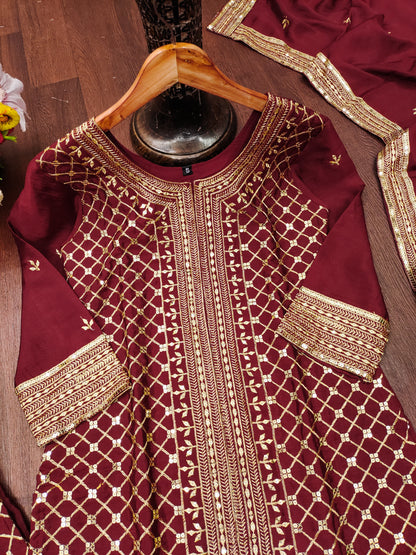 Maroon Silk Sharara Suit with Heavy Mirror Work and Intricate Geometric Embroidery
