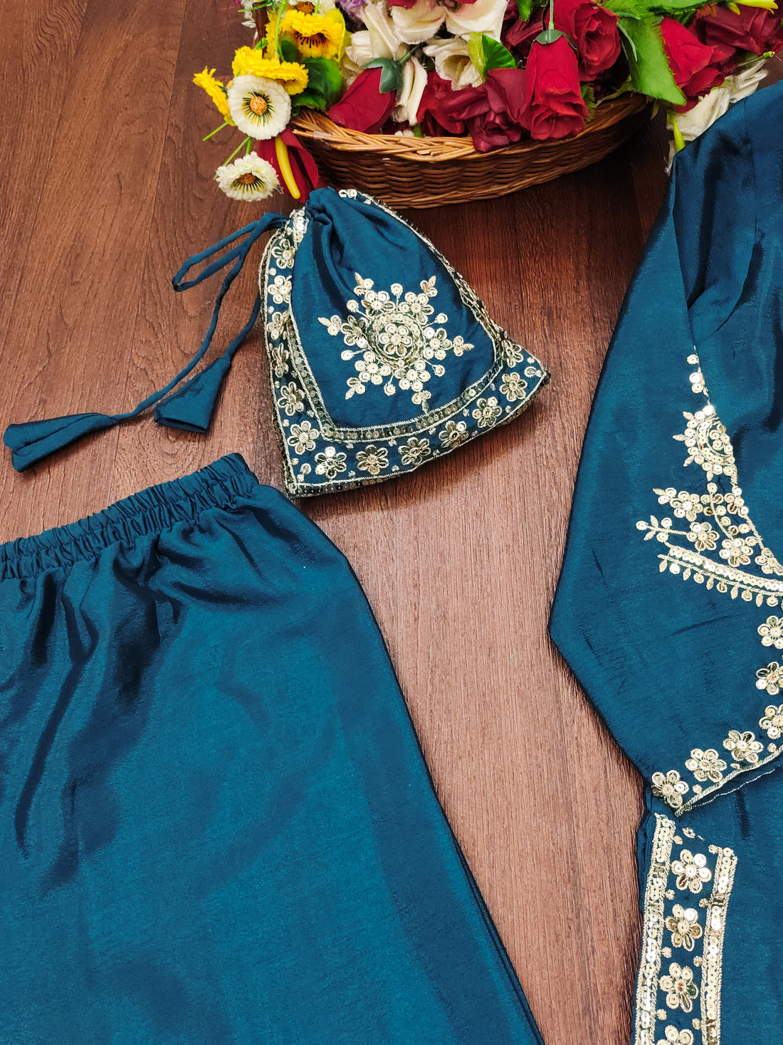 Lovely Peacock Blue Color Chinon Embroidery Work Salwar Suit