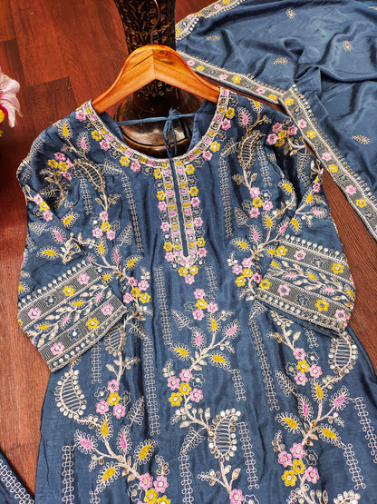 Teal Color Sharara Suit in Chinon With Sequence Embroidery Sharara Suit