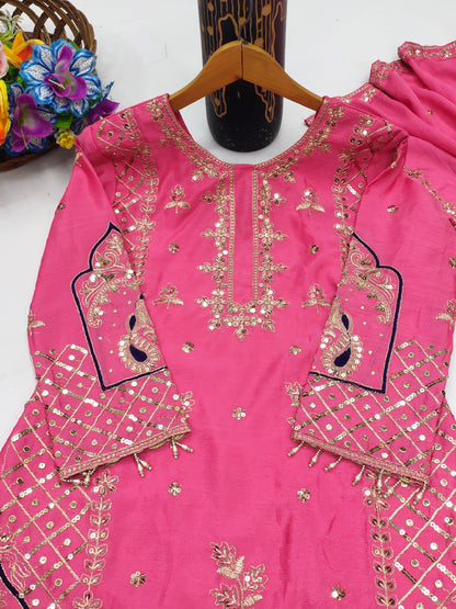 Designer Chinon Sequin-Embroidered Suit | Party-Wear Salwar Kameez Drape Dress