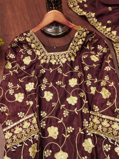Designer Chinon Sequin-Embroidered Sharara Suit | Festive Party Wear Ensemble Drape Dress