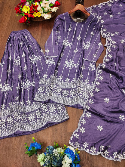 Lavender Chinon Sequin Embroidered Sharara Suit with Dupatta