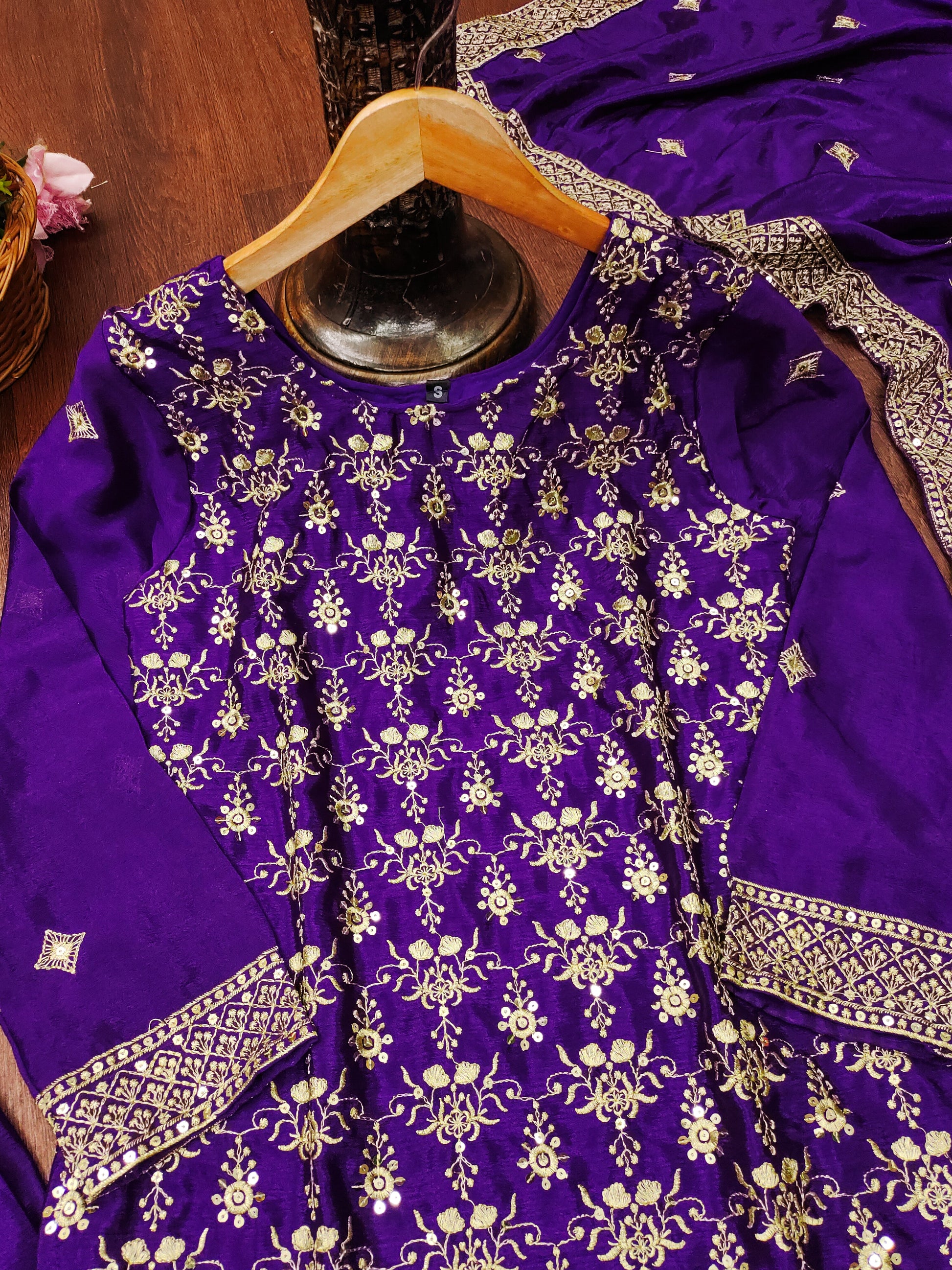 Purple Silk Sharara Suit with Heavy Golden Zari & Sequin Embroidery