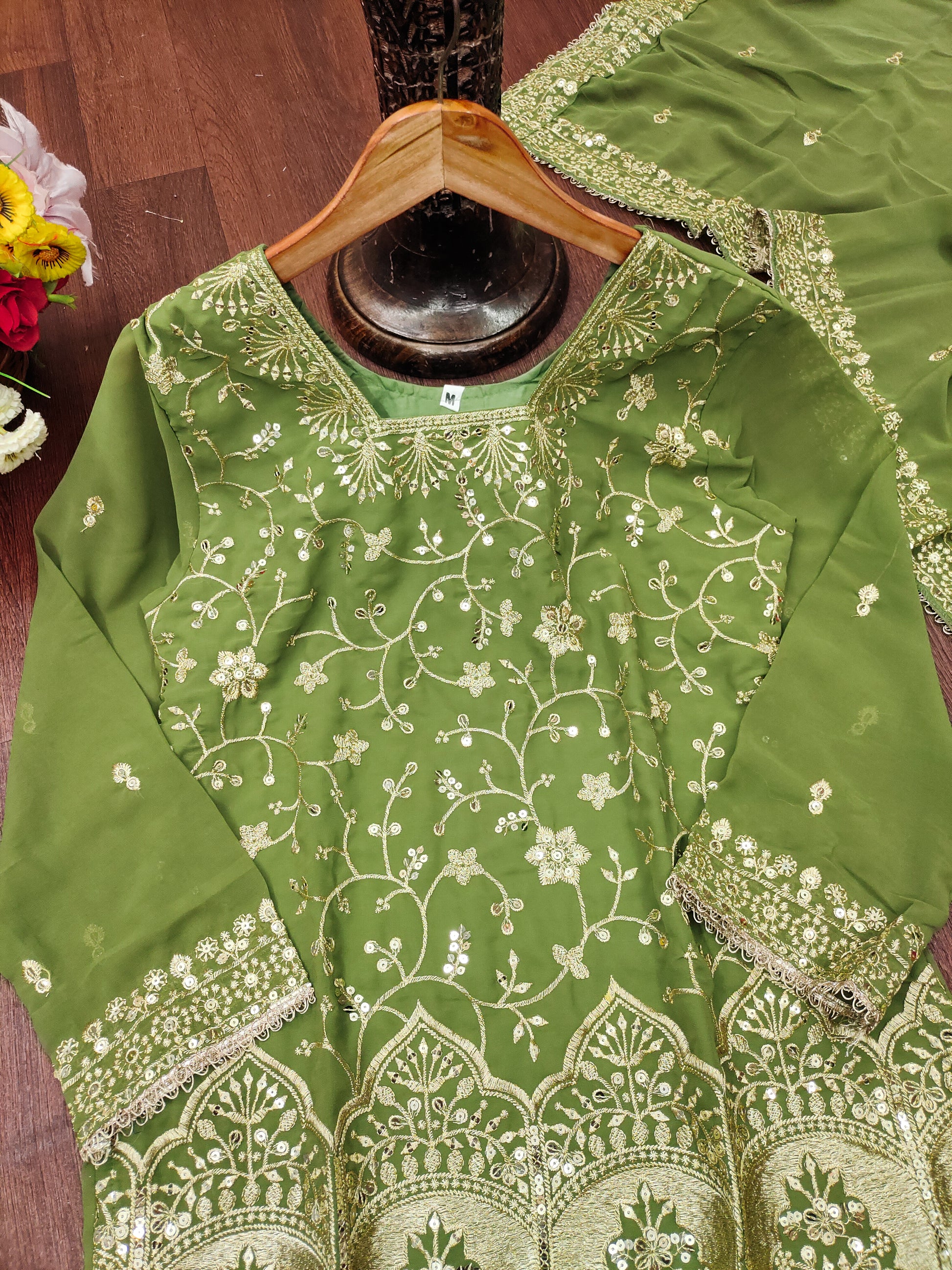 Olive Green Georgette Sharara Suit with Heavy Golden Thread and Sequin Embroidery