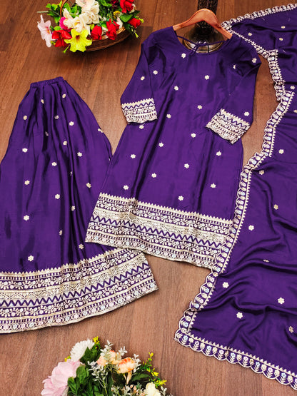 Purple Silk Sharara Set with Mirror Work and Intricate Zari Border Detailing