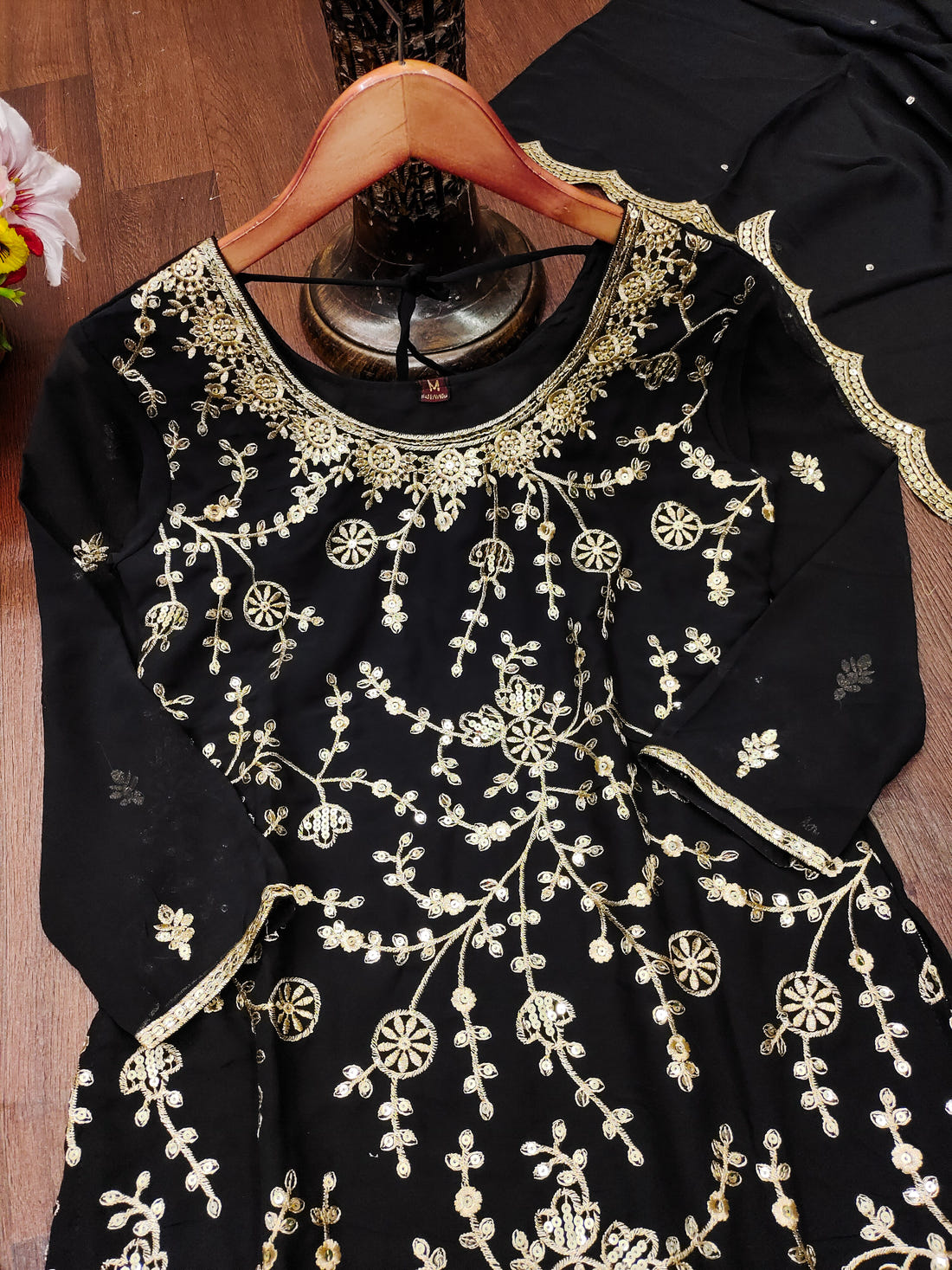 Black Georgette Sharara Suit with Heavy Golden Thread and Sequin Embroidery