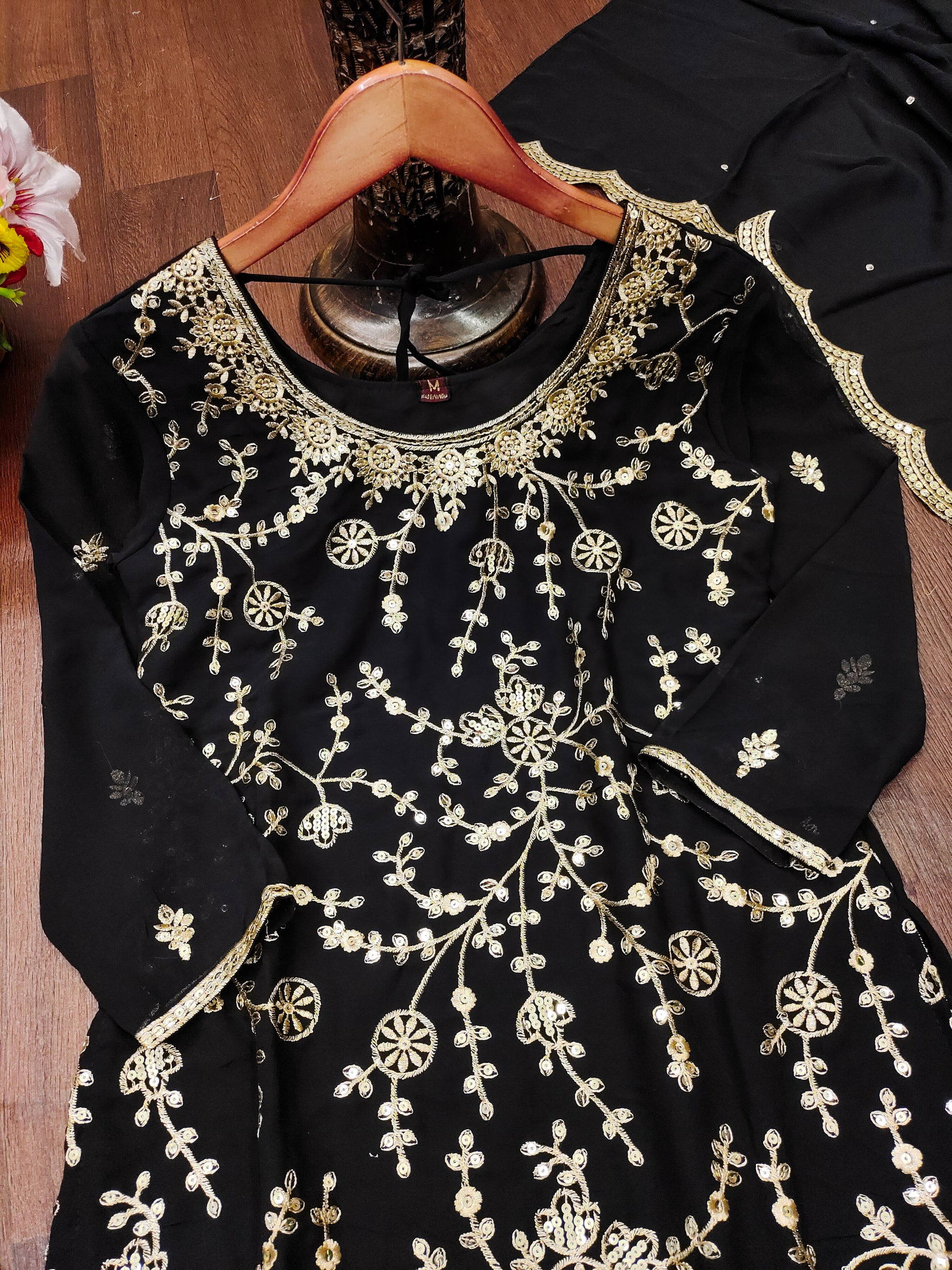 Black Georgette Sharara Suit with Heavy Golden Thread and Sequin Embroidery