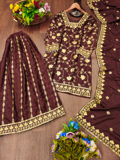 Designer Chinon Sequin-Embroidered Sharara Suit | Festive Party Wear Ensemble Drape Dress