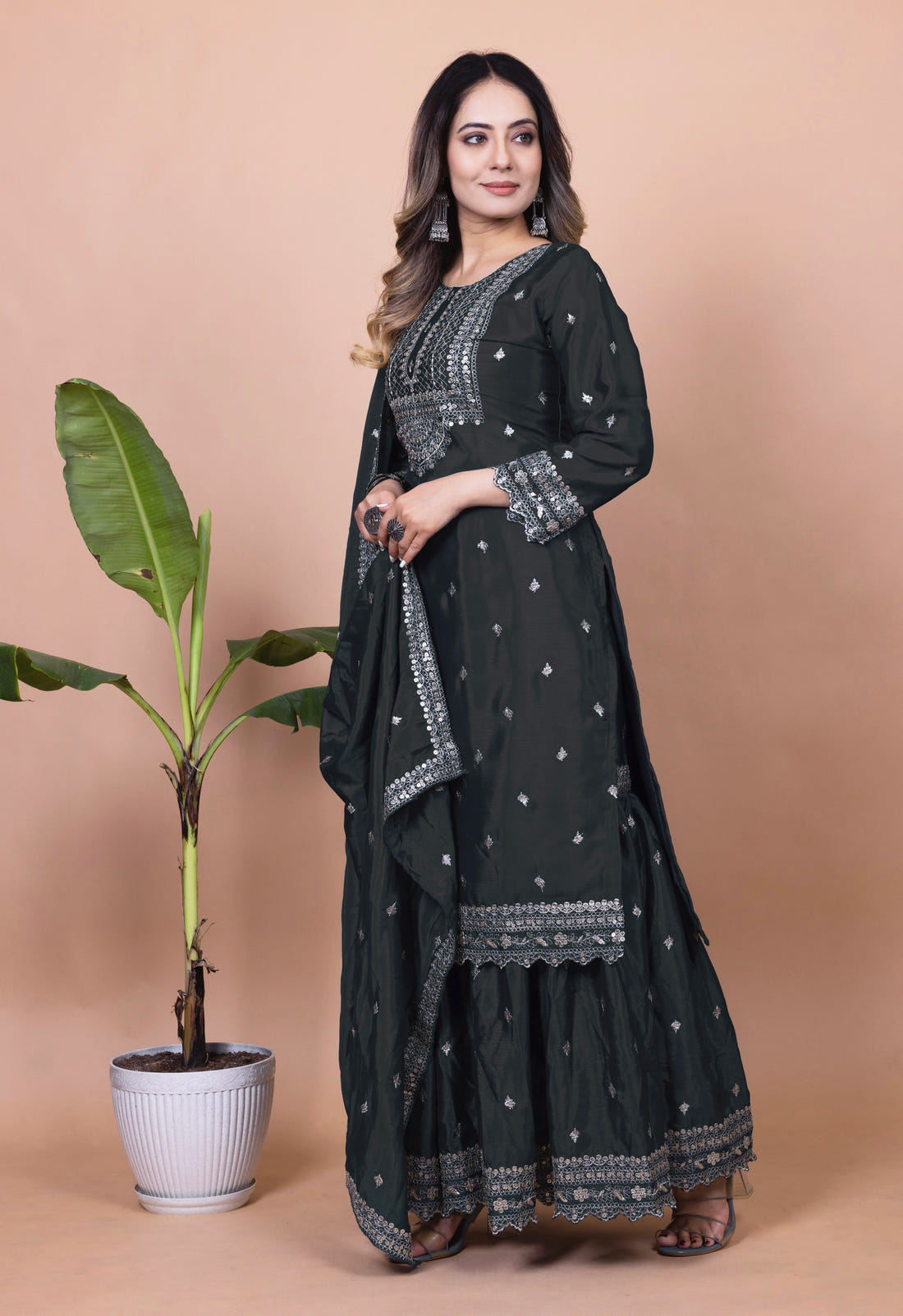 Designer Chinon Sharara Suit with Cording‑Sequin Embroidery | Party‑Wear Ensemble Drape Dress