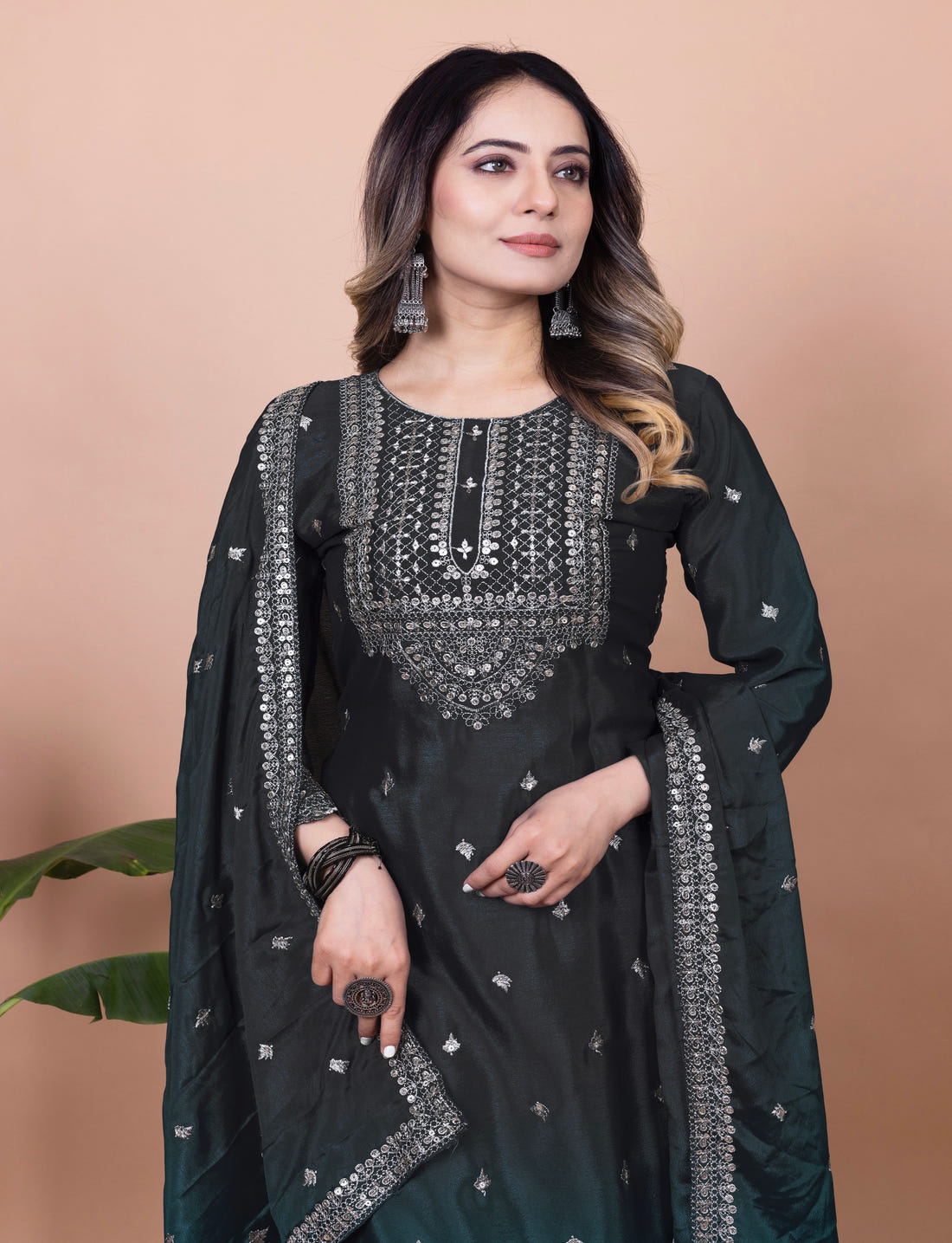Designer Chinon Sharara Suit with Cording‑Sequin Embroidery | Party‑Wear Ensemble Drape Dress