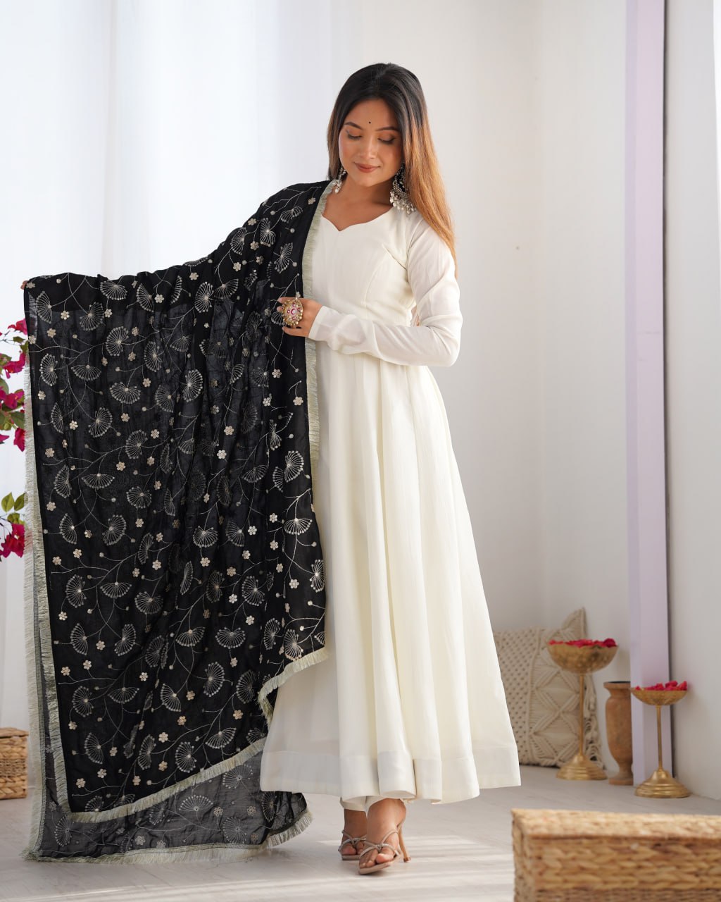 BLACKPureSoftSilkFestiveWearAnarkaliSetwithDupatta