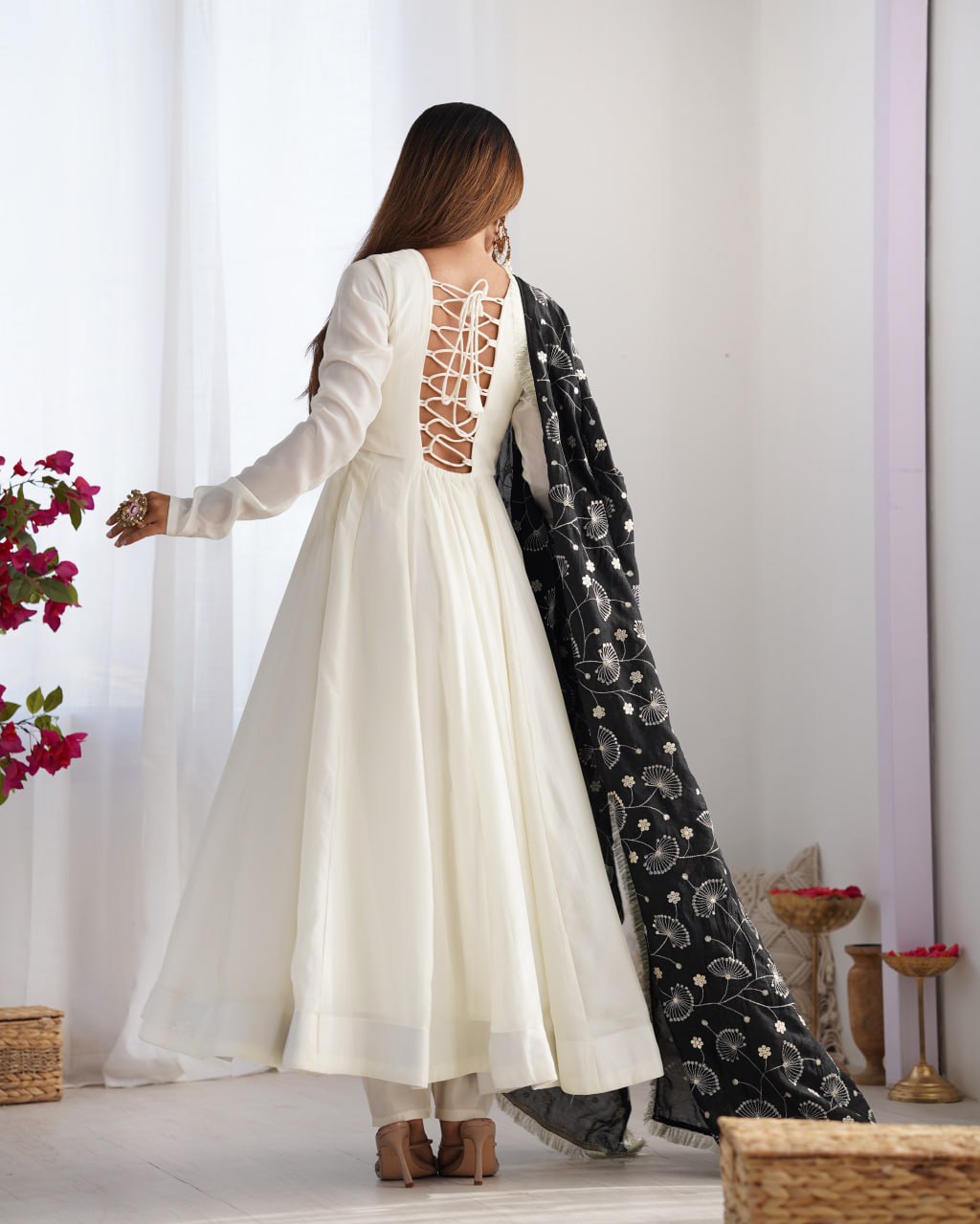 BLACKPureSoftSilkFestiveWearAnarkaliSetwithDupatta