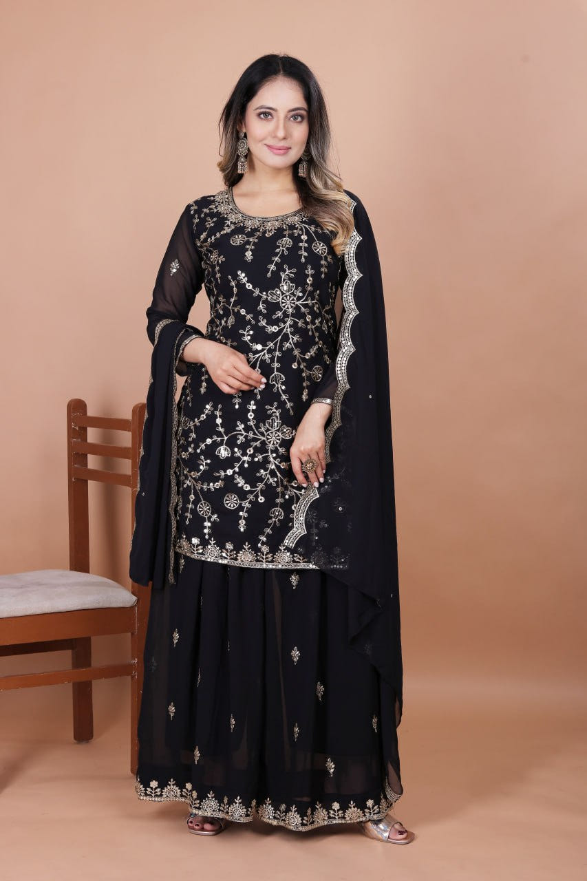 Balck Designer Fox Georgette Embroidered Sharara Suit with Sequins Work 