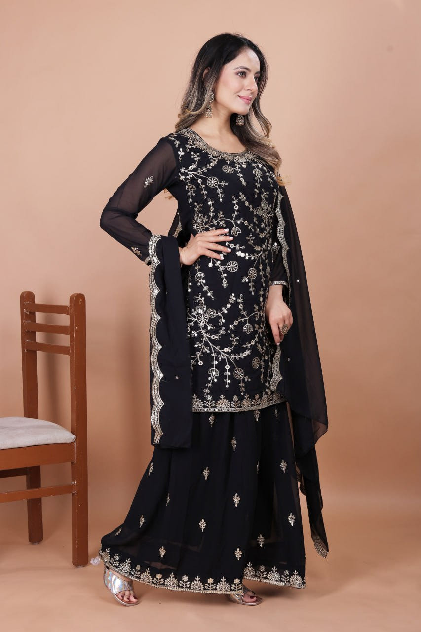Balck Designer Fox Georgette Embroidered Sharara Suit with Sequins Work 