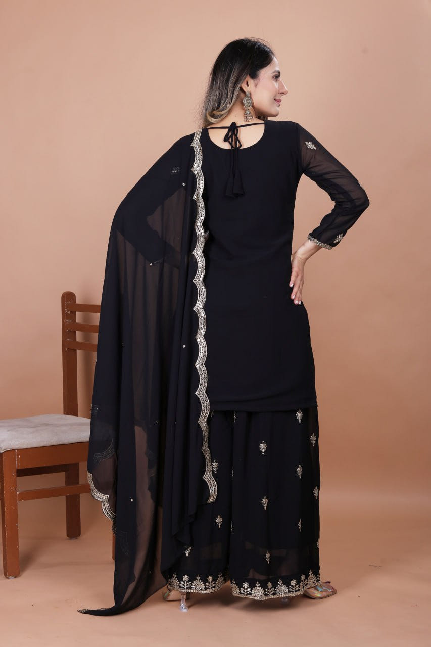Balck Designer Fox Georgette Embroidered Sharara Suit with Sequins Work 