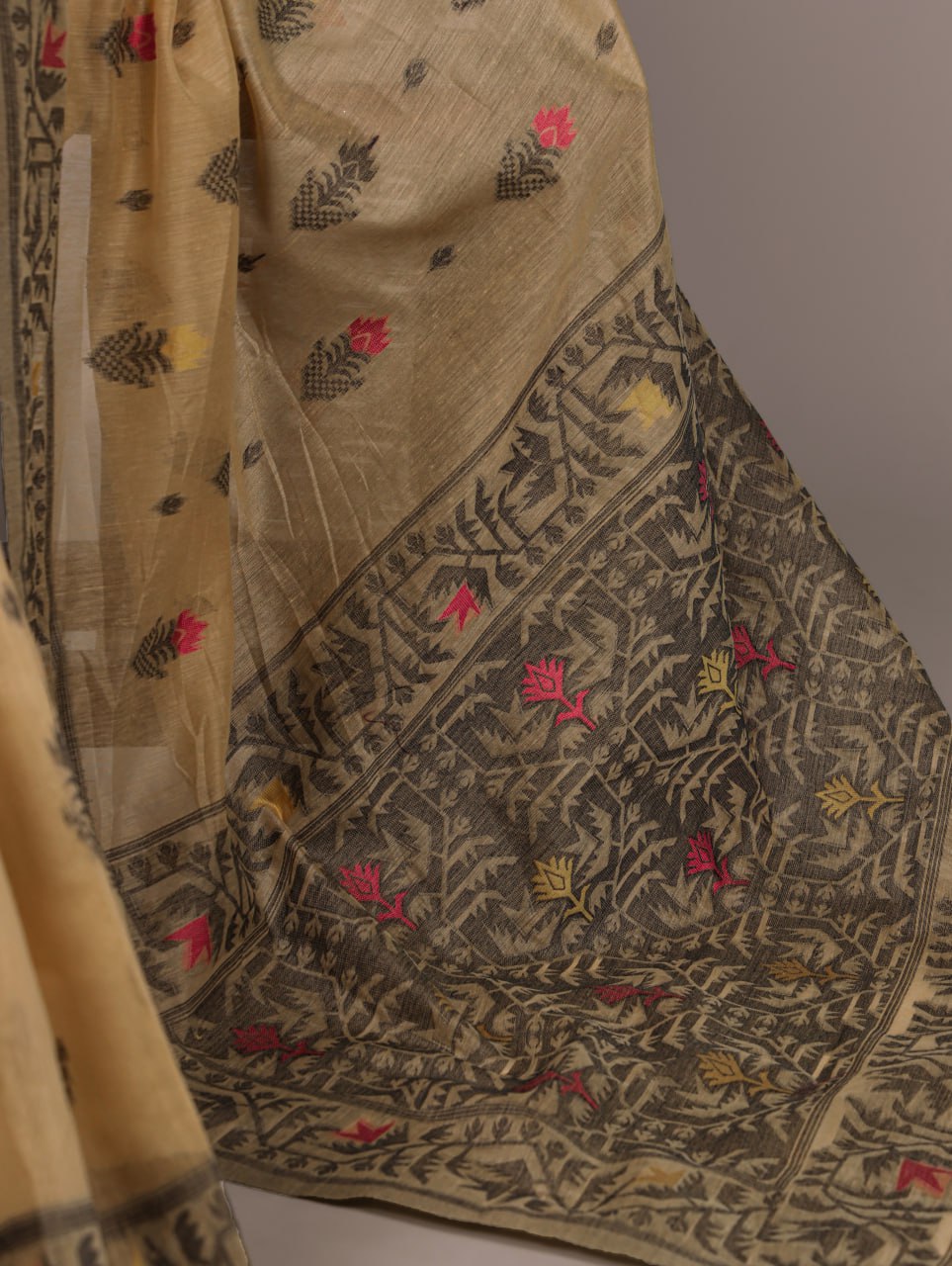 Beige Poly Cotton Thread Weaving Saree with Matching Blouse 