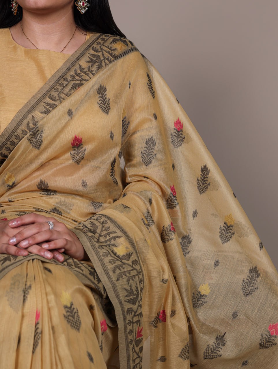 Beige Poly Cotton Thread Weaving Saree with Matching Blouse 