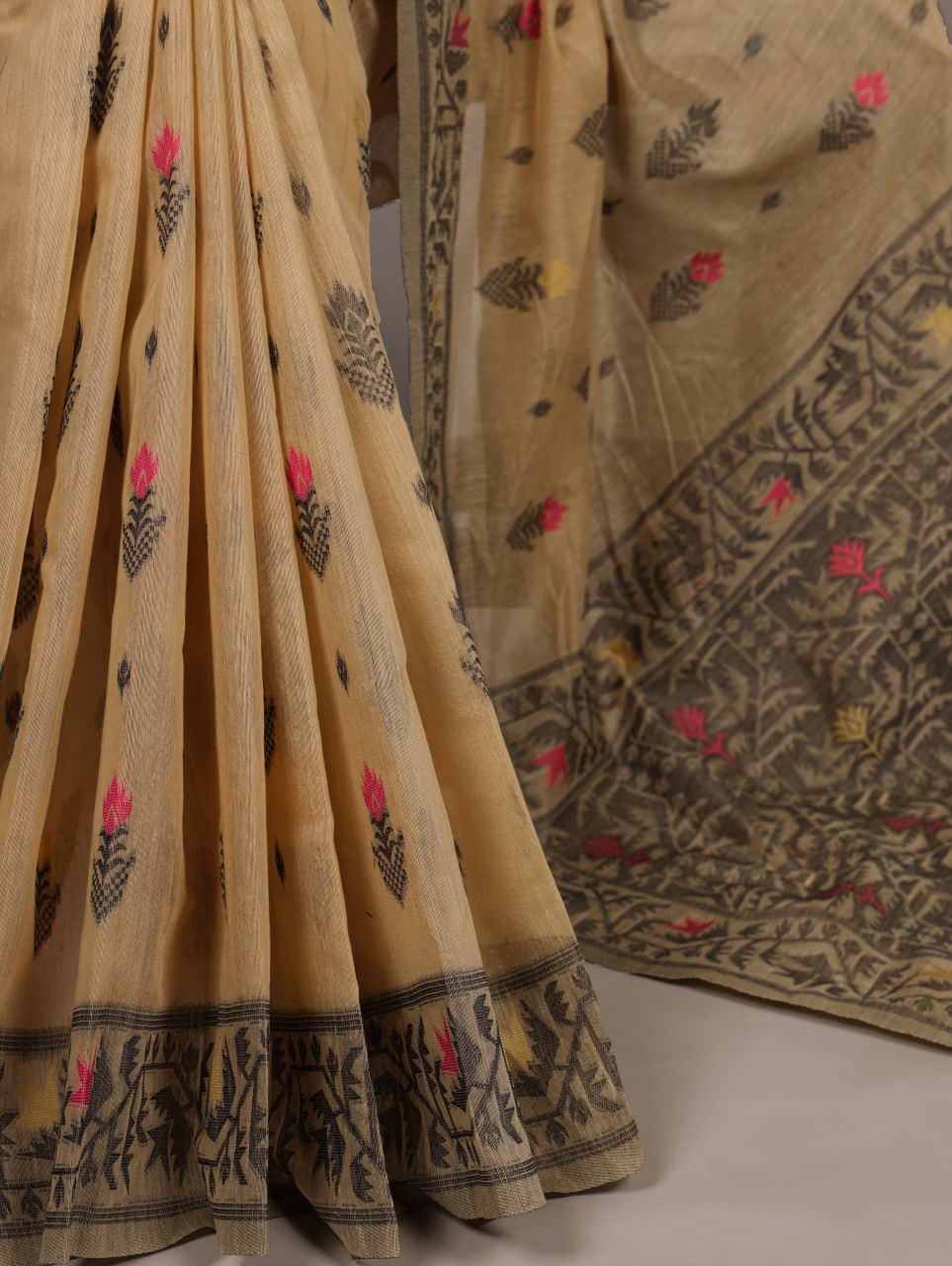 Beige Poly Cotton Thread Weaving Saree with Matching Blouse 