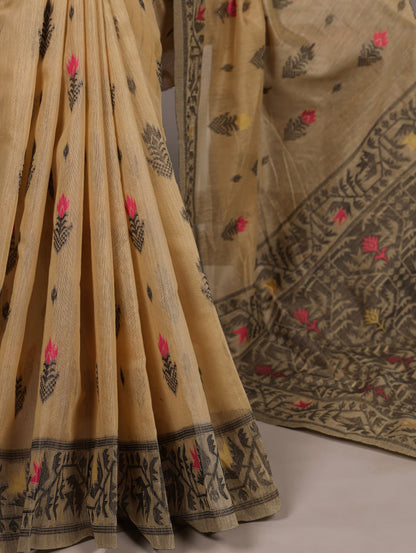 Beige Poly Cotton Thread Weaving Saree with Matching Blouse 