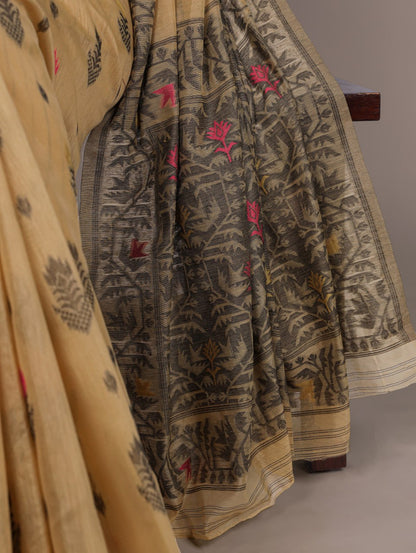 Beige Poly Cotton Thread Weaving Saree with Matching Blouse