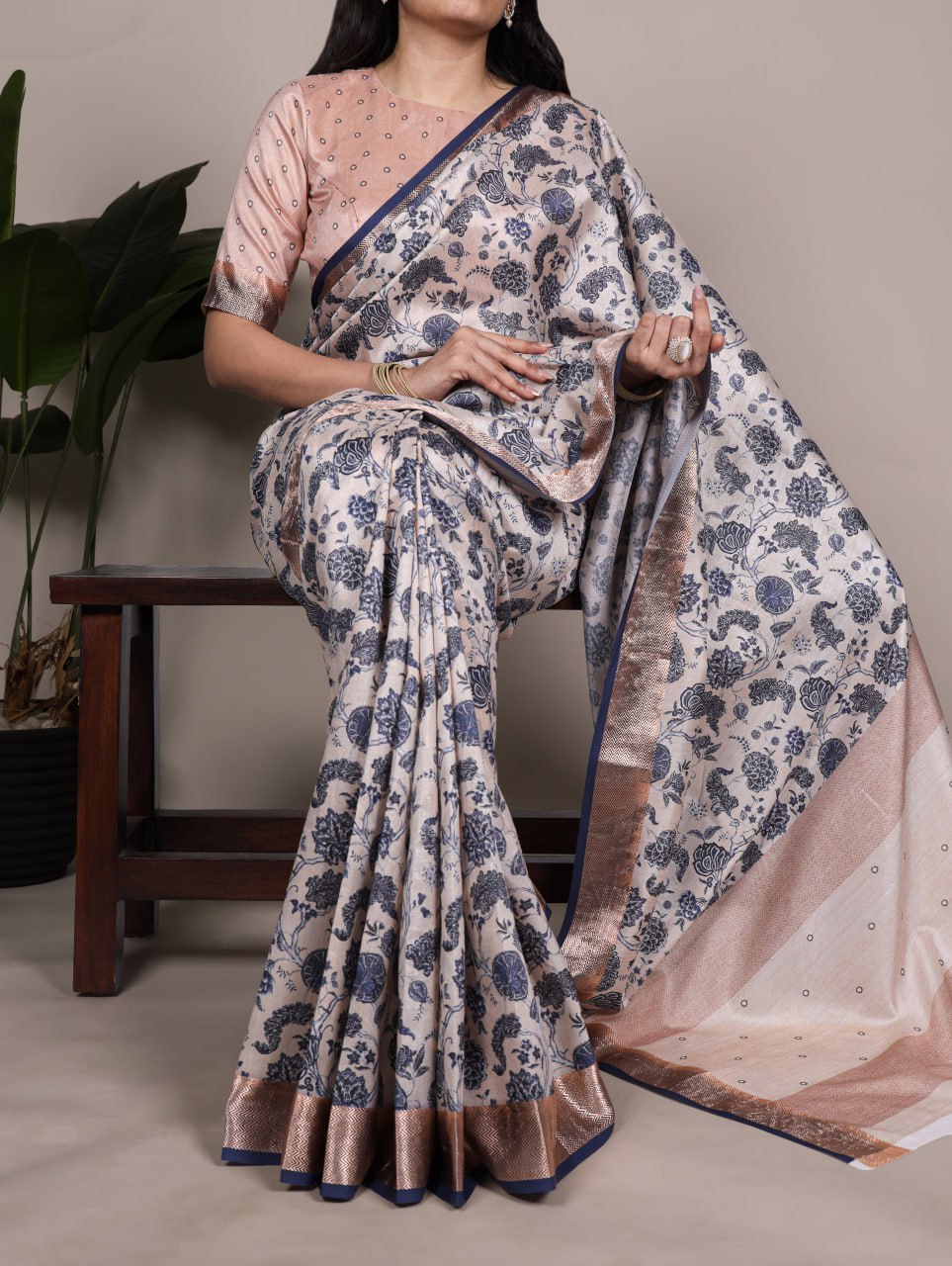 Beige Tasar Silk Printed Saree with Shimmering Viscose Border
