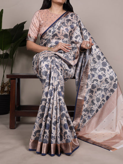 Beige Tasar Silk Printed Saree with Shimmering Viscose Border
