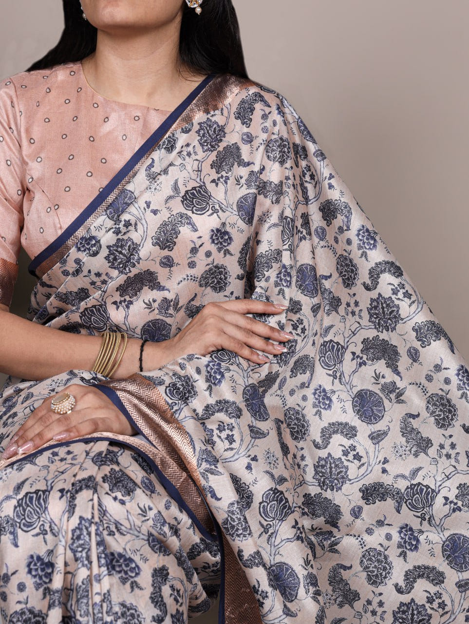 Beige Tasar Silk Printed Saree with Shimmering Viscose Border