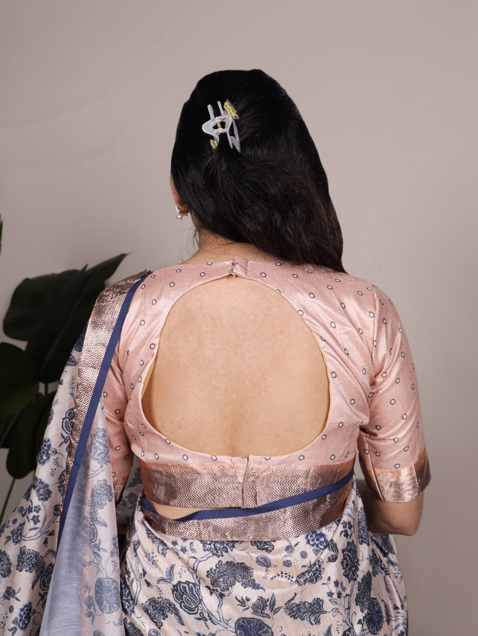 Beige Tasar Silk Printed Saree with Shimmering Viscose Border