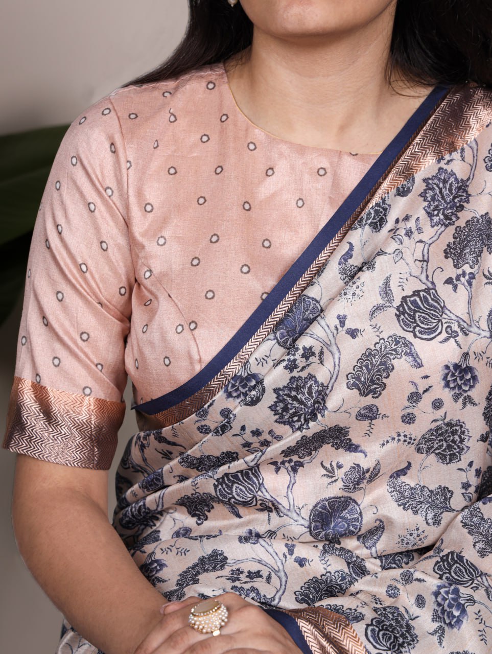 Beige Tasar Silk Printed Saree with Shimmering Viscose Border