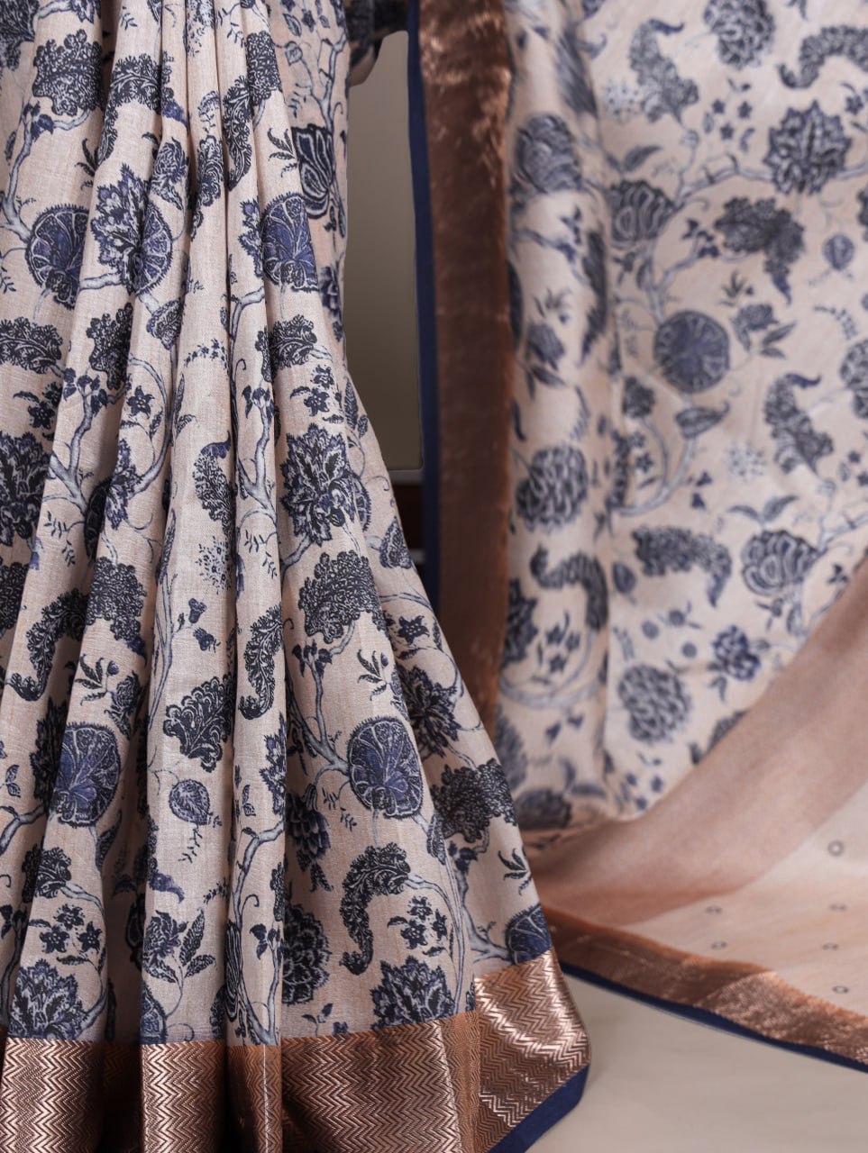 Beige Tasar Silk Printed Saree with Shimmering Viscose Border