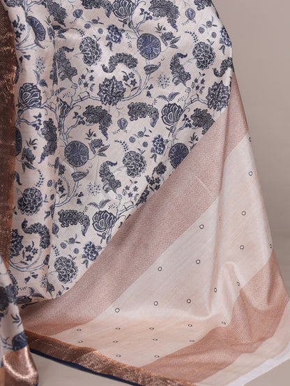 Beige Tasar Silk Printed Saree with Shimmering Viscose Border