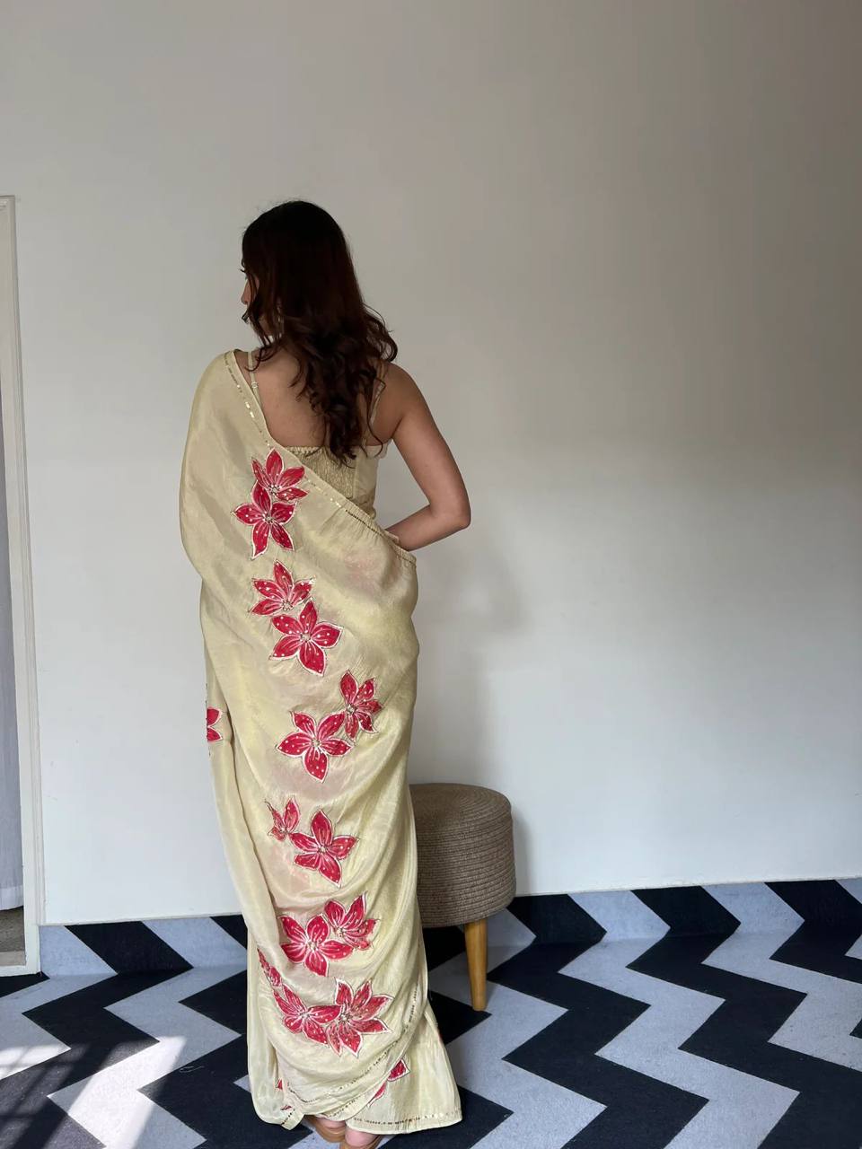 Beige Tebi Silk Moti Handwork Printed Saree with Satin Silk Blouse