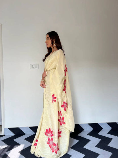 Beige Tebi Silk Moti Handwork Printed Saree with Satin Silk Blouse