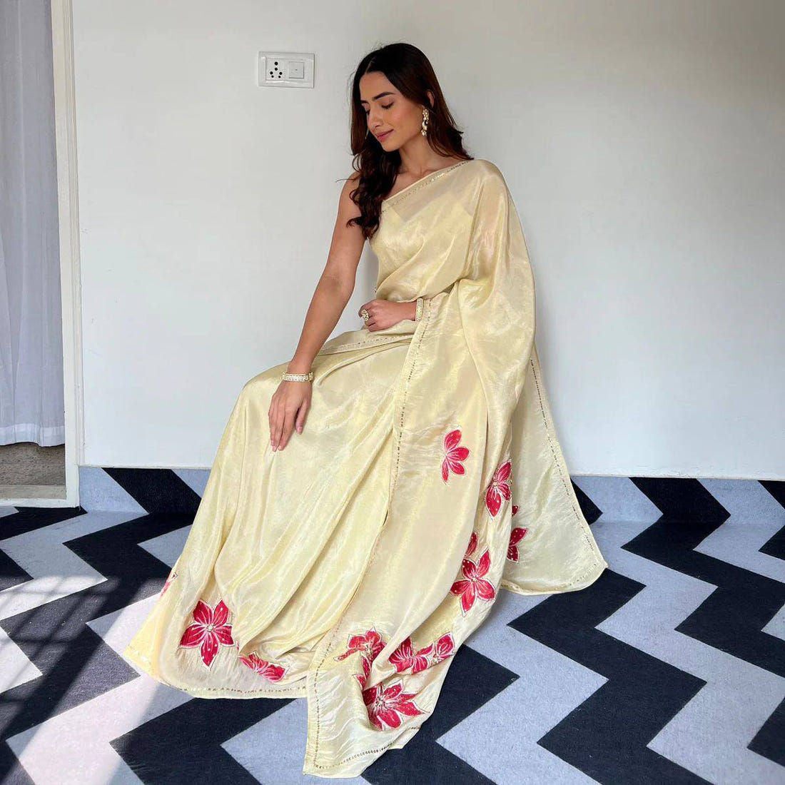 Beige Tebi Silk Moti Handwork Printed Saree with Satin Silk Blouse