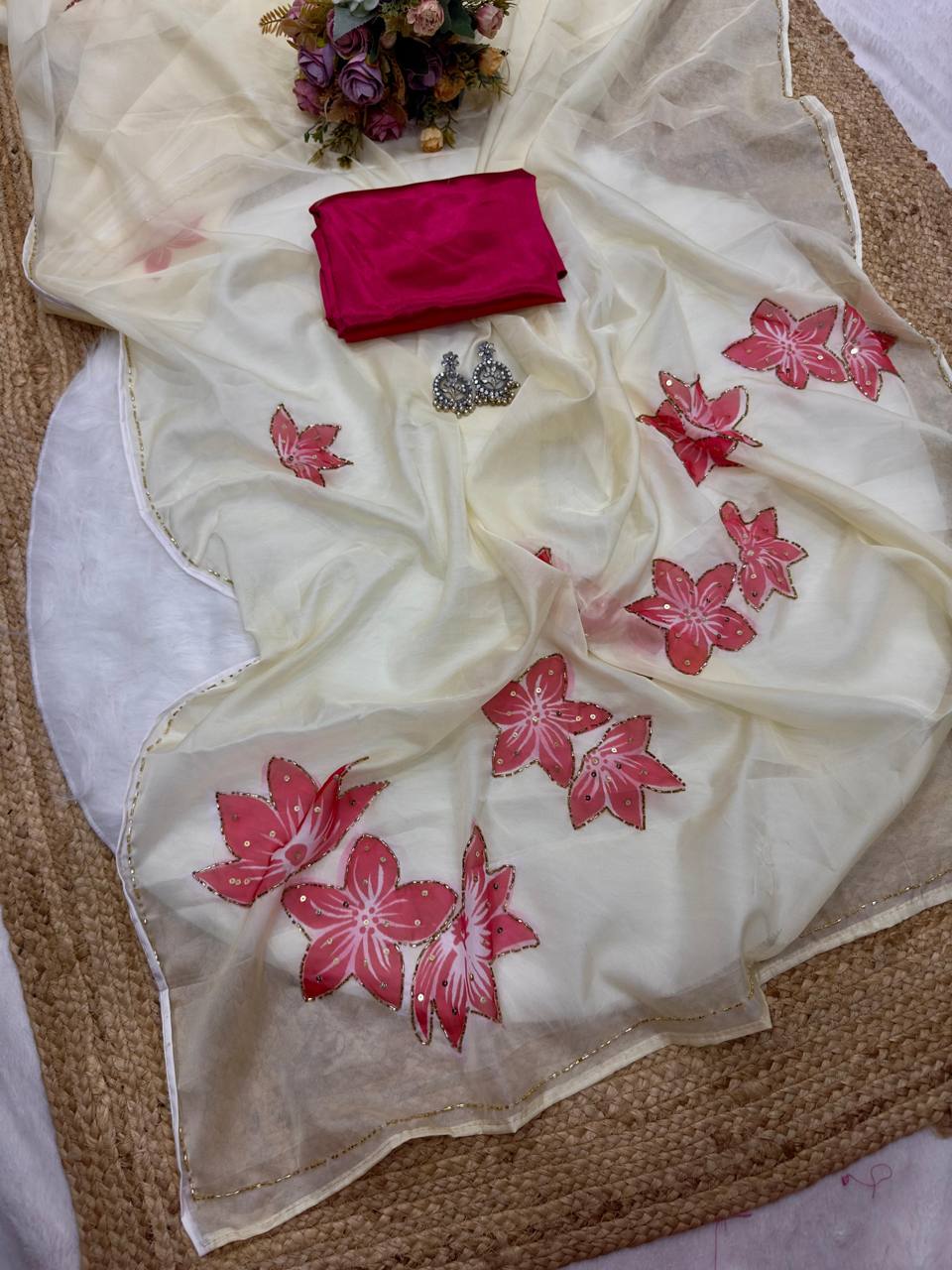 Beige Tebi Silk Moti Handwork Printed Saree with Satin Silk Blouse