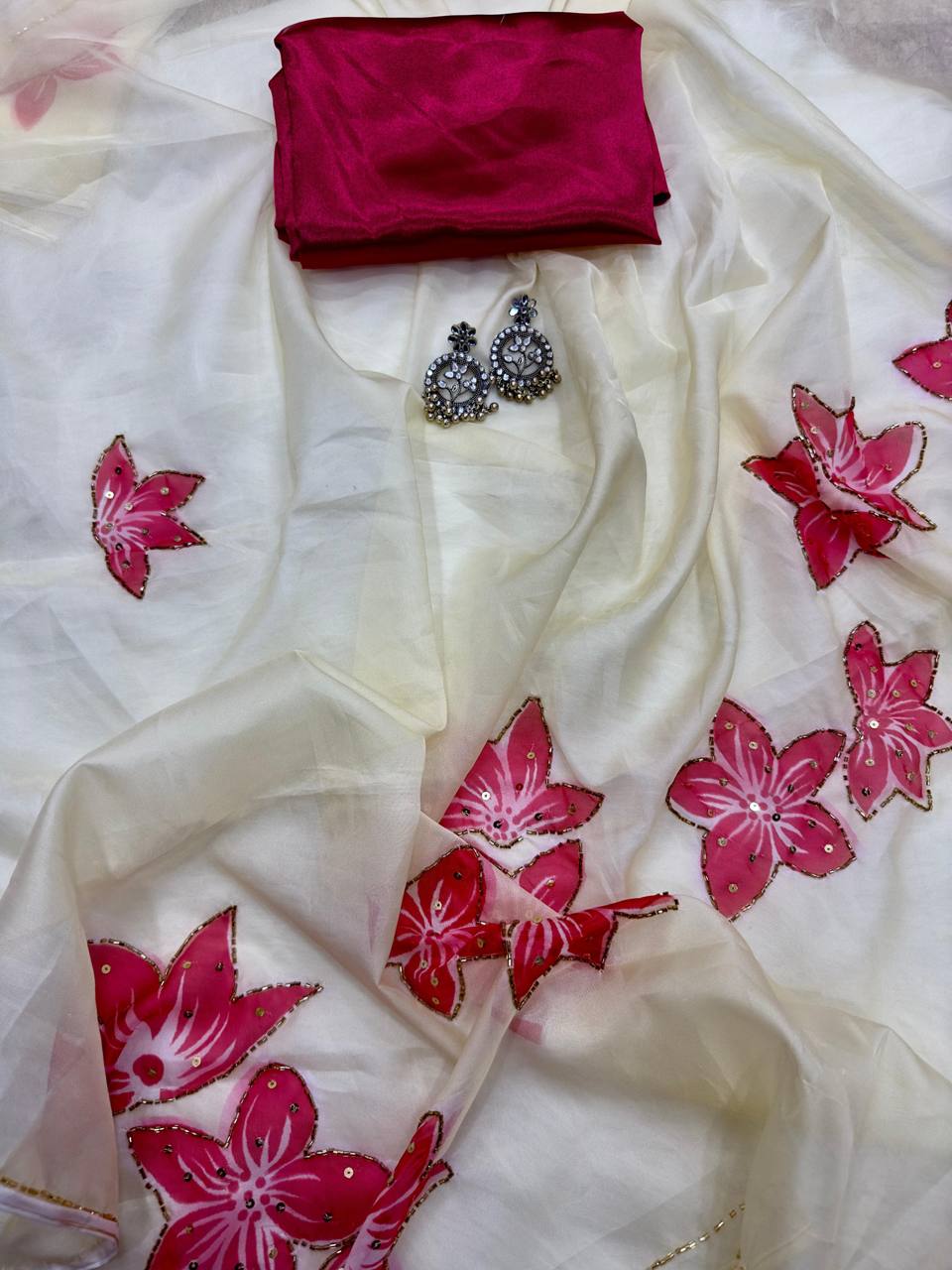 Beige Tebi Silk Moti Handwork Printed Saree with Satin Silk Blouse