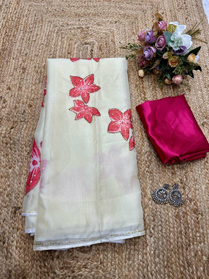 Beige Tebi Silk Moti Handwork Printed Saree with Satin Silk Blouse